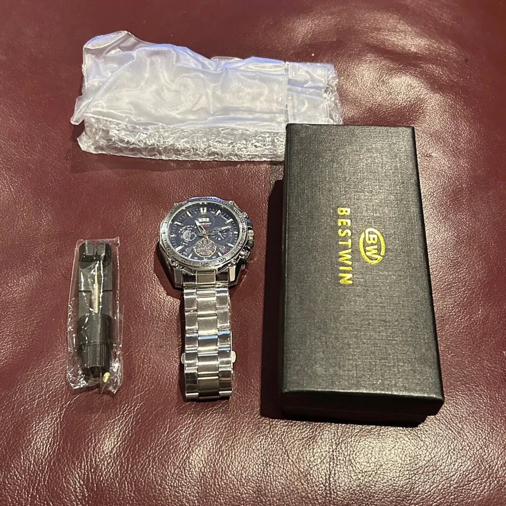 Binbond Bestwin Blue Dial Chronograph Silver Stainless Steel Quartz Watch